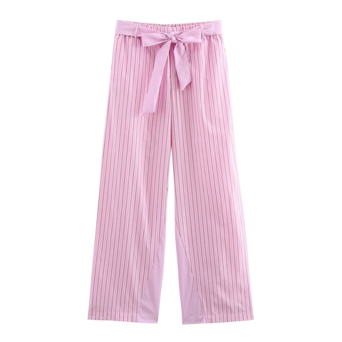 Dames Gestreepte Broek Wijde Pijpen Knoopriem Strik Rechte Broek Casual Polyester Zoete Stijl Roze Wit Gestreept