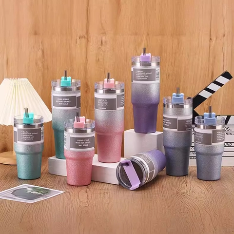 Glitter Stainless Steel Vacuum Insulated Tumbler Travel Coffee Mug With Lid And Straw Double Wall Portable