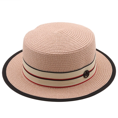 Cappello Boater Classico Donna Paglia Testa Piatta Estate Spiaggia Cappello Da Sole Con Nastro A Righe E Decoro In Metallo