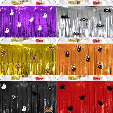 Halloween PET Foil Tinsel Faldón de Mesa Fantasma Murciélago Calabaza Araña Esqueleto Pegatinas Festivo Metal Flecos Cortina Escritorio Decoración Fiesta