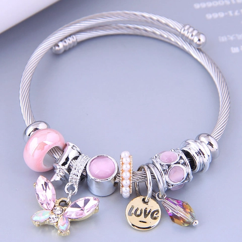Adjustable Bangle Bracelet Stainless Steel Wire Alloy Rhinestone Butterfly Pendant Love Charm Beaded Jewelry For Women