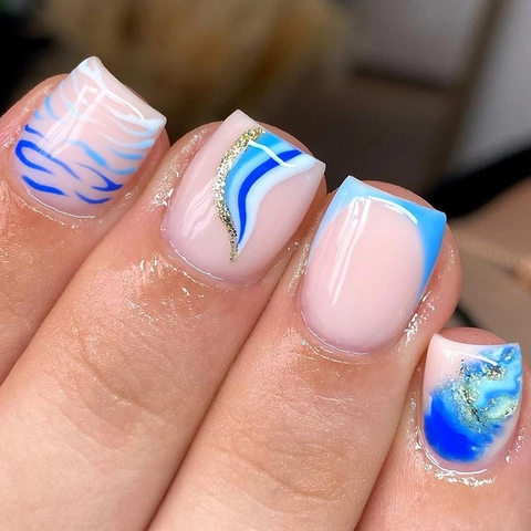 Blue White Swirl Marble Press On Nails Short Square Fake Nails With Gold Glitter Fresh Elegant Manicure For Women