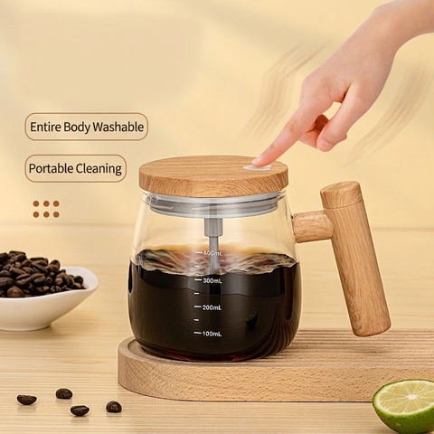 Automatic Stirring Coffee Mug Borosilicate Glass Electric Mixing Cup With Wood Grain Handle Lid Portable Rechargeable Office