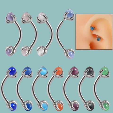 Stainless Steel Dragon Claw Eyebrow Ring With Cat Eye Stone Internally Threaded Body Piercing Curved Barbell Helix Rook