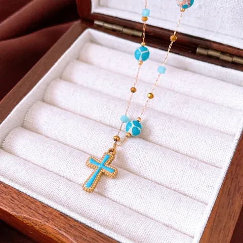 Cross Pendant Necklace Copper Beaded Retro Religious Jewelry For Women Turquoise Style Stone Rhinestones
