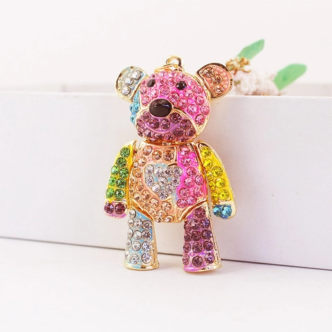 Cute Bear Keychain Shiny Rhinestone Zinc Alloy Heart Pattern Colorful Patchwork Bag Pendant Car Key Ring For Women