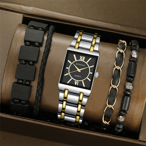 ZHPEER Men's Business Square Quartz Watch Set Alloy Stainless Steel Strap Casual Fashion Men Wrist Watch Gift Set With Bracelets