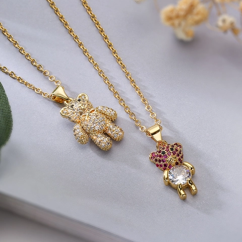 Collana Con Ciondolo Mini Orso Carino Rame Placcato Oro Zircone Nicchia Catena Da Clavicola Gioielli Da Donna