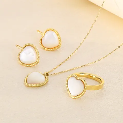Herzschmuck Edelstahl Halskette Ohrringe Ring Mit Katzenaugenstein Perlmutt Vintage Stil Für Damen