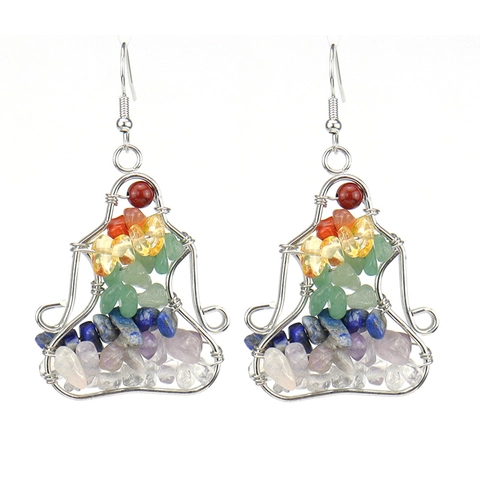 Yoga Meditation Pose Dangle Earrings Handmade Wire Wrapped Natural Crushed Stone Crystal Bohemian Vintage Healing Jewelry