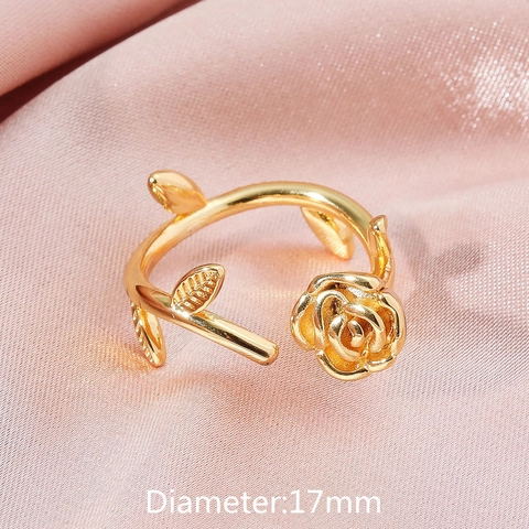 Elegante Verstelbare Open Ring Met Roos En Blad Verguld Messing Zilver Bloemen Sieraden Cadeau Voor Dames