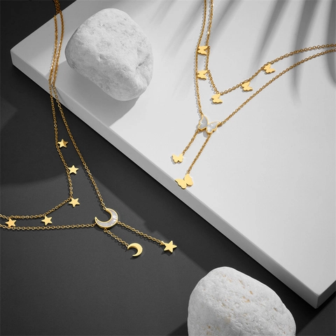 Doppelschichtige Halskette Titanstahl Stern Mond Schmetterling Perlmutt Muschel Quaste Anhänger Eleganter Schmuck Damen