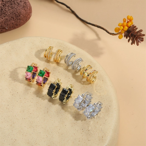 Square Zircon Hoop Earrings Copper Geometric Minimalist Multi Layer Huggie Earrings For Women