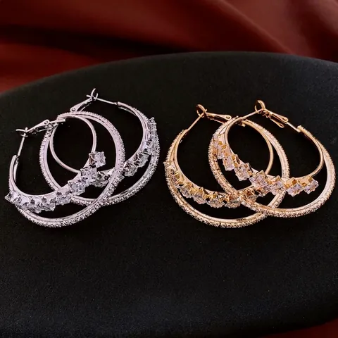 Hoop Ohrringe Kupfer Zirkonia Zweilagig Mit 925 Sterling Silber Ohrstecker Elegant Damen Schmuck