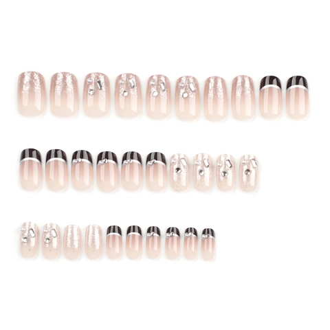 French Black Tip Press On Nails Rhinestone Artificial Pearl Silver Glitter Gradient Square Oval Shape Elegant Fake Nails Women