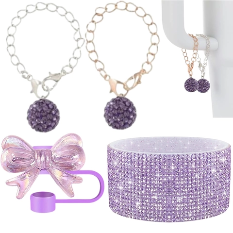 Rhinestone Tumbler Accessories Bling Ball Pendant Chain Bow Silicone Straw Cover Sparkling Sleeve For Water Bottle