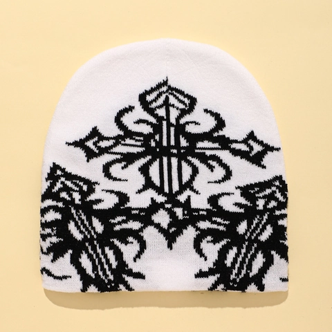 Berretto in Maglia Jacquard Croce Gotica per Uomo Donna Inverno Caldo Hip Hop Streetwear Y2K Estetica Retro Skull Cap Accessori