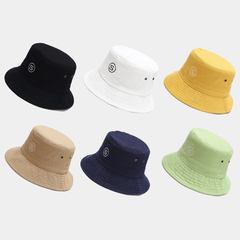Cotton Bucket Hat With Letter S Embroidery Breathable Sun Protection Outdoor Casual Fisherman Cap