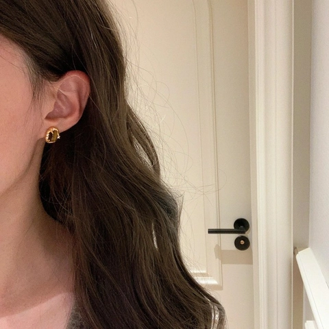 Vintage Oval Stud Earrings With Tiger Eye Stone And Zircon 18k Gold Plated Alloy With Silver Earring Post For Women