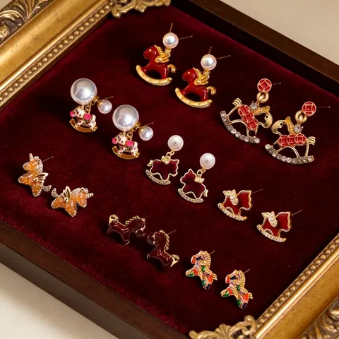 Horse Pony Pendant Stud Earrings 18K Gold Plated Copper With Silver Earring Post Enamel Zircon Chinese Style For Women