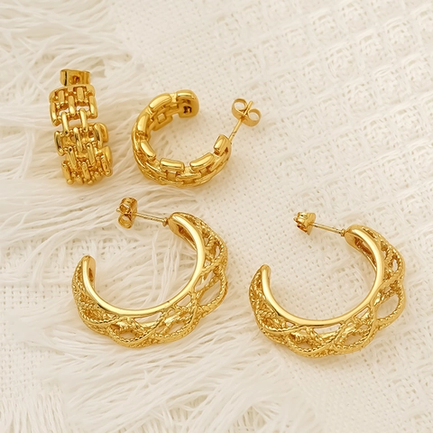 Hollow C Shaped Hoop Earrings 304 Stainless Steel 18K Gold Plated Woven Chain Twisted Rope Vintage Minimalist For Women