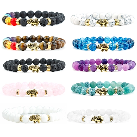 Pulsera de Cuentas de Piedra Natural Ágata Lava para Mujer Hombre Colgante Elefante Aleación Oro Strass Joyería Yoga Elástica