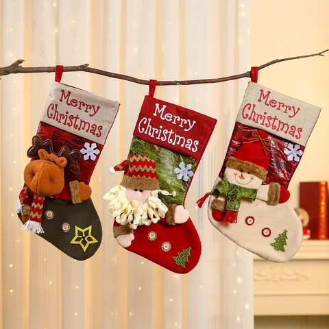 Calza Di Natale Tessuto Lino Peluche Bambola 3D Babbo Natale Pupazzo Di Neve Renna Ricamo Decorazione Camino