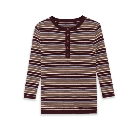 Maglia In Maglia A Righe Donna Manica Lunga Scollo Henley Bottone Vestibilità Aderente T-Shirt Casual