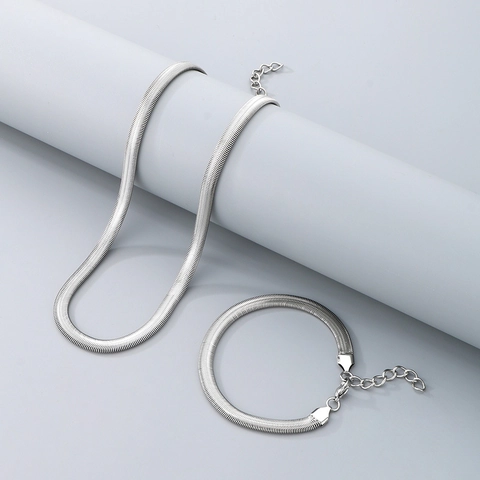 Minimalist Stainless Steel Flat Snake Bone Herringbone Chain Necklace And Bracelet Jewelry For Women Silver Color