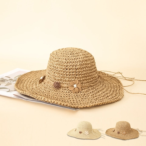 Women Summer Straw Hat Wide Brim Sun Protection Paper Rose Flower Decor Breathable Beach Travel Sunshade