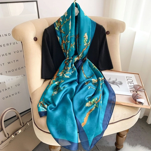 Sciarpa Elegante Con Stampa Floreale Artistica Effetto Raso Scialle Di Raso Da Donna Protezione Solare Leggero Lungo