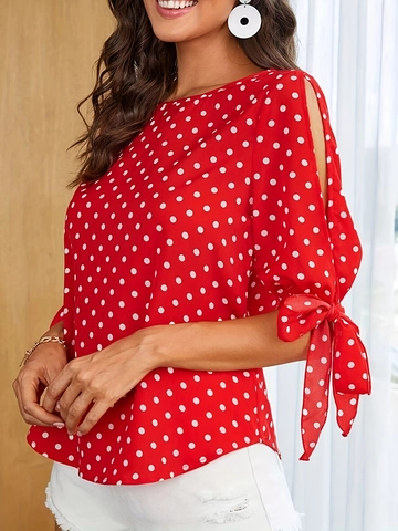 Gepunktete Bluse Für Damen Elegantes Rundhals Flare Ärmel Cold Shoulder Top Mit Schleifenbündchen Lässige Urlaubsbekleidung