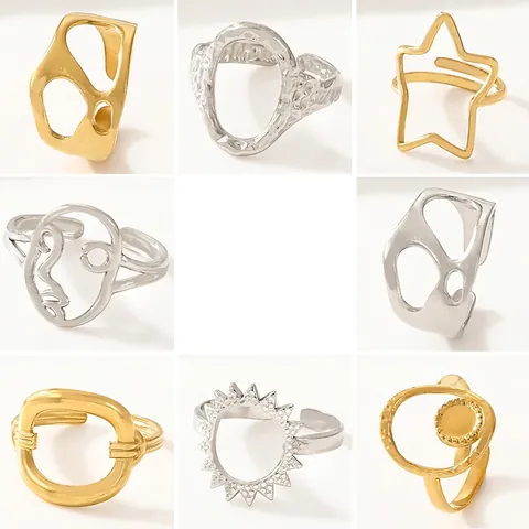 Stainless Steel Rings Hollow Geometric Adjustable Open Sun Star Face Shape Minimalist Fashion Jewelry For Women