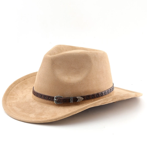 Vintage Western Cowboy Hat Faux Suede Wide Brim Jazz Fedora With Leather Band Ethnic Style Sun Protection Outdoor