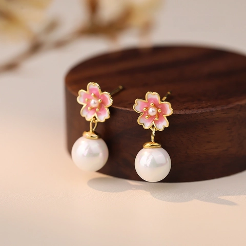 S999 Sterling Silver Cherry Blossom Pearl Drop Earrings Fresh Pink Flower Drip Glue Jewelry For Women Daily Sweet Earring