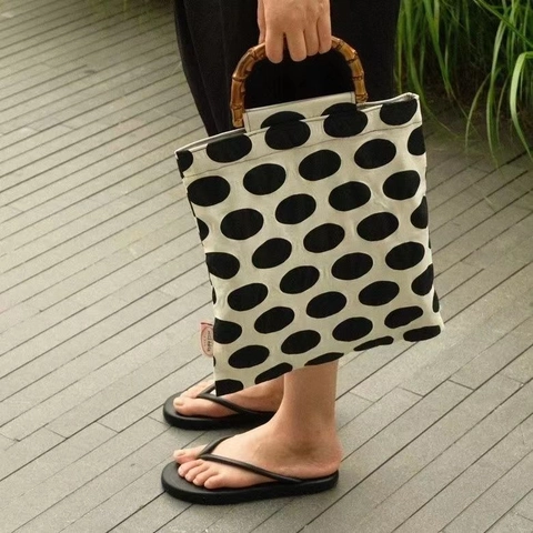 Doppellagige Polka Dot Handtasche Mit Bambusgriff Canvas Stoff Tote Tasche Vintage Retro Damen Magnetverschluss
