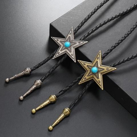 Vintage Western Cowboy Star Bolo Tie PU Leather Necktie Turquoise Alloy Κρεμαστό Άνδρες Γυναίκες Retro Punk Αξεσουάρ