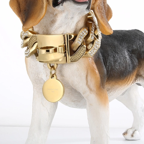 Collare Per Cani Catena Cuban Link Con Strass Iced Out Acciaio Inossidabile 316L Hip Hop Lusso Oro Per Cani Grandi