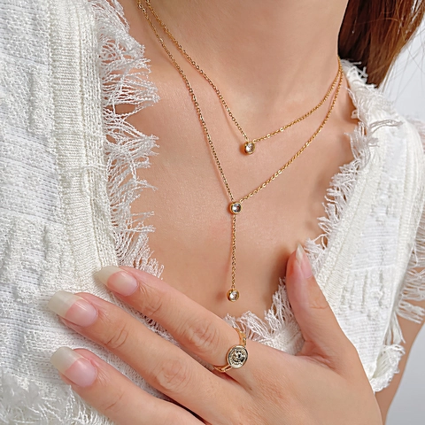 Double Layer Y Necklace Stainless Steel Gold Plated Cubic Zirconia Round Pendant Tassel Minimalist Elegant For Women
