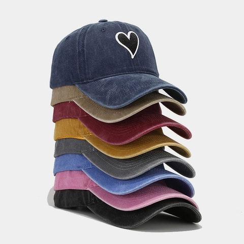 Washed Cotton Baseball Cap With Heart Embroidery Vintage Distressed Curved Brim Adjustable Outdoor Sun Hat For Women