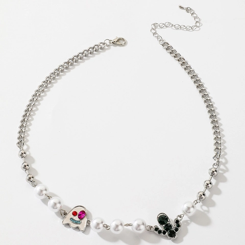 Collana A Catena Spliced Lega Imitazione Perla Artificial Cristallo Strass Cactus Fantasma Pendente Halloween Hip Hop Gioielli Donne