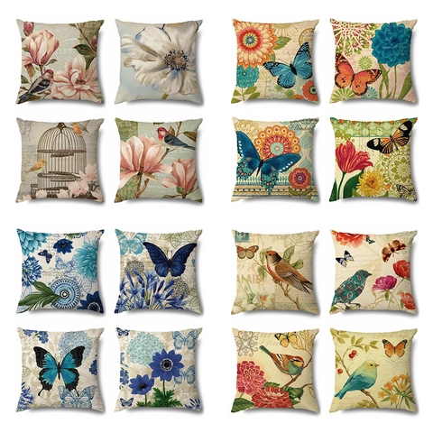 Vintage Cotton Linen Cushion Cover Retro Botanical Floral Butterfly Bird Print Square Decorative Throw Pillowcase