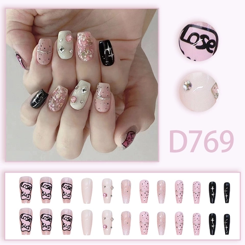 Uñas Postizas A Presión Graffiti Rosa Negro Uñas De Ataúd Largas Con Diamantes De Imitación Purpurina Corazones Manicura Para Mujeres