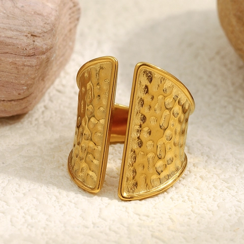 Hammerstruktur Breiter Offener Ring 18K Vergoldeter Edelstahl Verstellbarer Vintage Luxus Fingerschmuck Für Damen