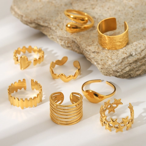 Anillos Abiertos Ajustables Para Mujer Acero Inoxidable Chapado En Oro De 18K Moda Estrella Corazón Martillado Joyas De Dedo