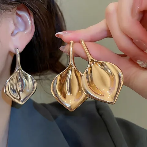 Abstract Leaf Drop Earrings With Silver Earring Post Metal High Polish Smooth Exaggerated Dangle For Women