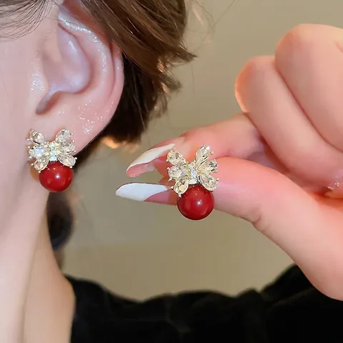 Pendientes De Lazo Con Cristales Perla Artificial Roja Y Poste De Plata De Ley 925 Joyería Vintage Para Mujeres