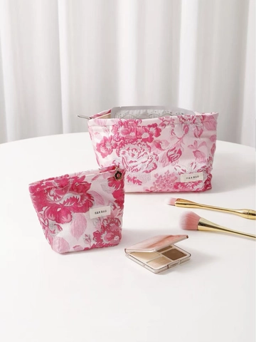 Bolsa De Cosméticos Jacquard Floral Rosa Vintage Neceser De Maquillaje Cremallera Organizador Portátil Para Mujeres