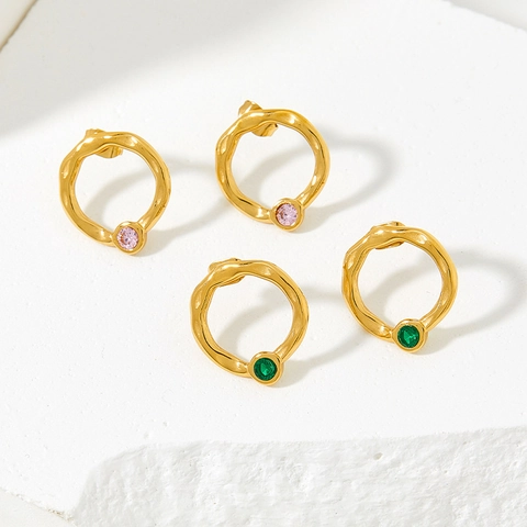Stainless Steel Stud Earrings Irregular Round Hammered Texture With Colorful Zirconia Stone Gold Plated For Women