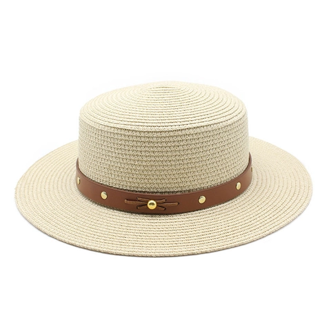 Vintage Boater Hat Summer Straw Sun Hat Flat Top With Faux Leather Rivet Band Breathable Beach Travel For Women Men